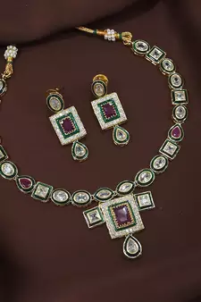 Traditional Handcrafted Beaded Ruby Jewellery Set Glided With Uncut Polki Kundans For Women 