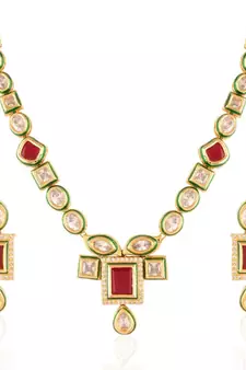 Traditional Handcrafted Beaded Ruby Jewellery Set Glided With Uncut Polki Kundans For Women 