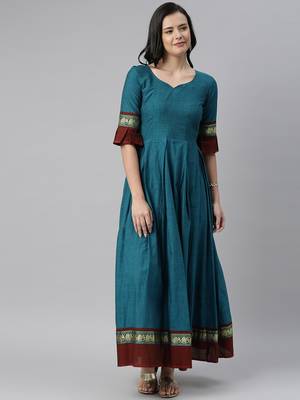 Blue woven cotton long-dresses 1
