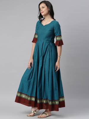 Blue woven cotton long-dresses 2
