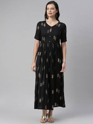 Black printed viscose rayon long-dresses 1