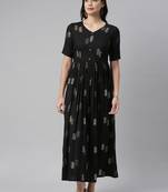 Black printed viscose rayon long-dresses