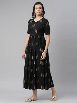 Black printed viscose rayon long-dresses 2