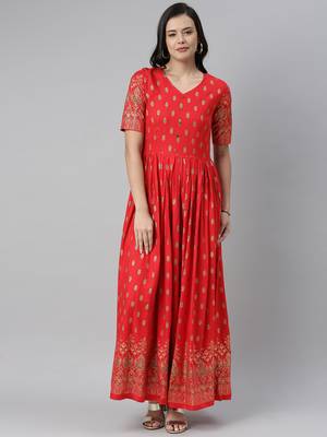 Red printed viscose rayon long-dresses 1