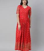 Red printed viscose rayon long-dresses