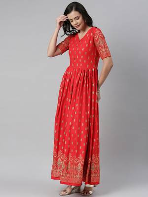 Red printed viscose rayon long-dresses 2