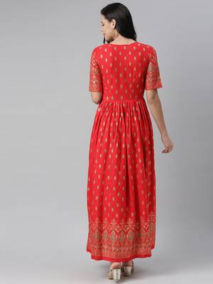 Red printed viscose rayon long-dresses 3
