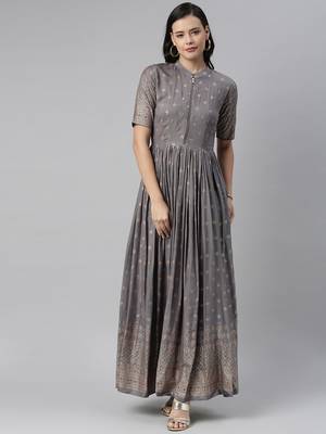 Grey printed viscose rayon long-dresses 1