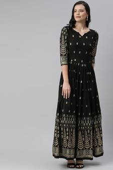 Black printed viscose rayon long-dresses