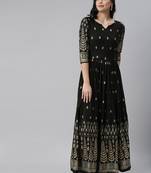 Black printed viscose rayon long-dresses