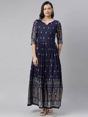 Navy-blue printed viscose rayon long-dresses 1