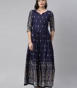 Navy-blue printed viscose rayon long-dresses
