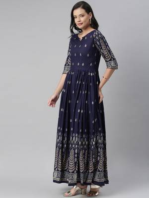Navy-blue printed viscose rayon long-dresses 2