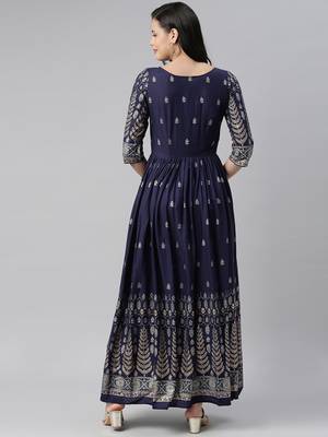 Navy-blue printed viscose rayon long-dresses 3