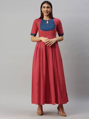 Peach woven cotton long-dresses 1
