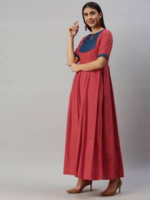 Peach woven cotton long-dresses 2
