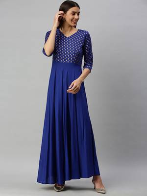Blue printed viscose rayon long-dresses 1