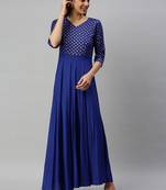 Blue printed viscose rayon long-dresses