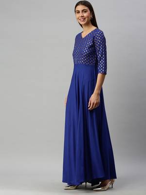 Blue printed viscose rayon long-dresses 2