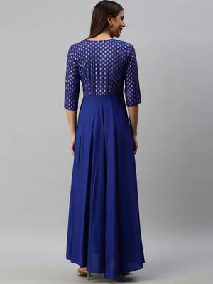 Blue printed viscose rayon long-dresses 3