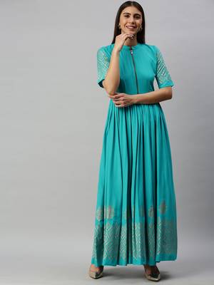 Turquoise printed viscose rayon long-dresses 1