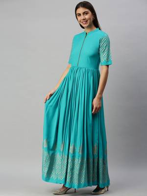 Turquoise printed viscose rayon long-dresses 2