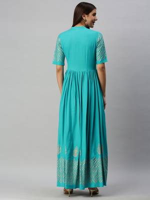 Turquoise printed viscose rayon long-dresses 3