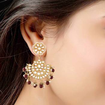 Gold Plated with Stunning Matte Finish Traditional Kundan & Faux Pearl Chandbali Earrings with Maang Tikka Set  5