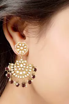 Gold Plated with Stunning Matte Finish Traditional Kundan & Faux Pearl Chandbali Earrings with Maang Tikka Set 