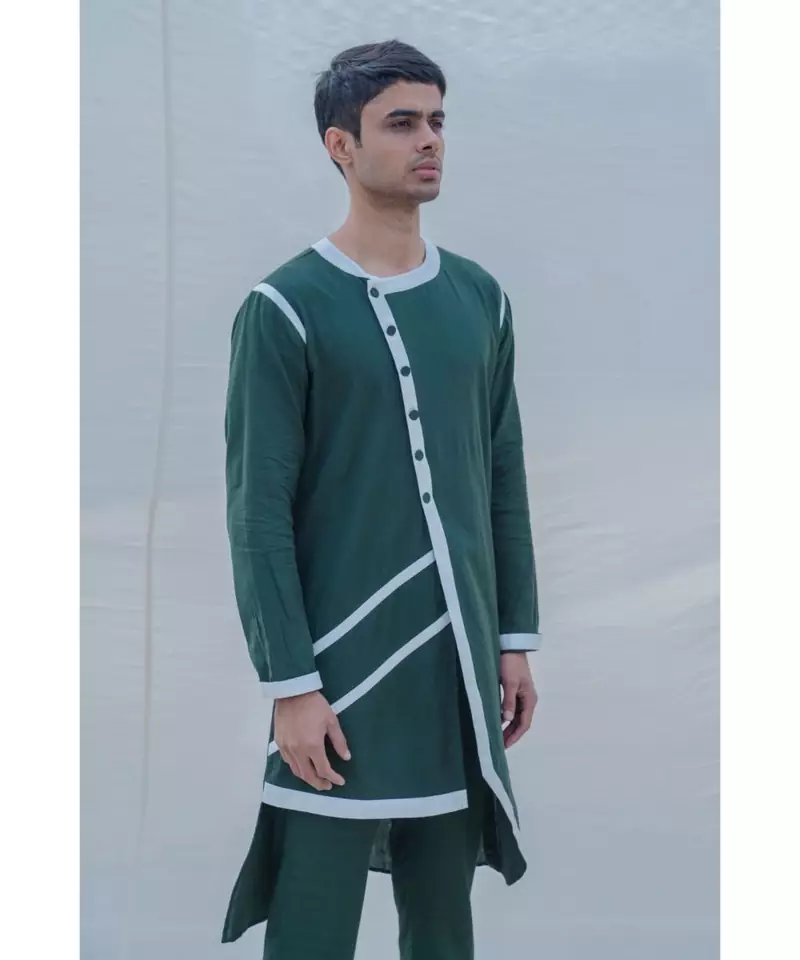 COTTON X LINEN IN GREEN KURTA