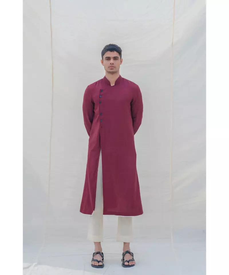 COTTON X LINEN IN MAROON KURTA SET