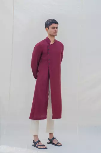 Cotton X Linen In Maroon Kurta Set