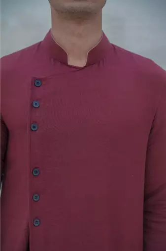 Cotton X Linen In Maroon Kurta Set