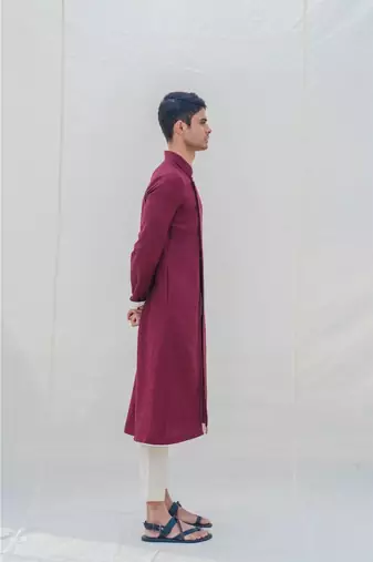 Cotton X Linen In Maroon Kurta Set
