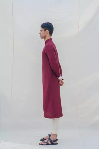 Cotton X Linen In Maroon Kurta Set