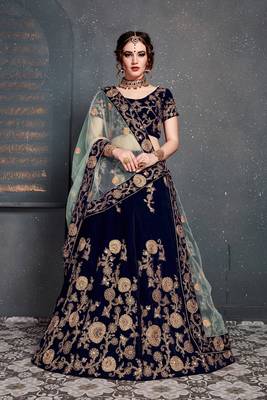 Navy-blue embroidered velvet semi stitched lehenga 1