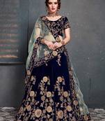 Navy-blue embroidered velvet semi stitched lehenga