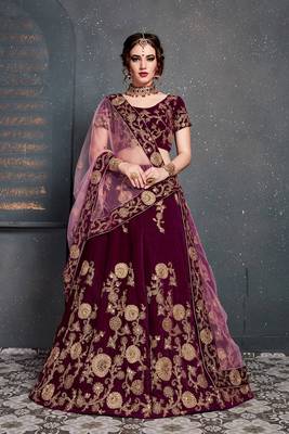 Purple embroidered velvet semi stitched lehenga 1