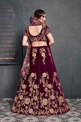 Purple embroidered velvet semi stitched lehenga 2