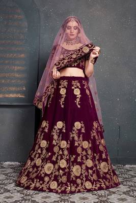Purple embroidered velvet semi stitched lehenga 3