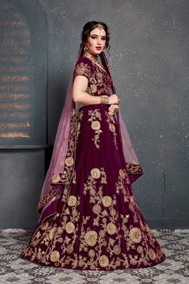 Purple embroidered velvet semi stitched lehenga 4