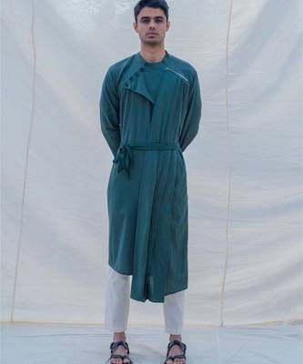 Cotton X Linen Kurta In Bottle Green Set 1