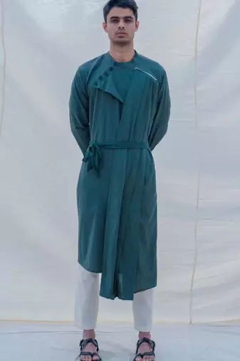 Cotton X Linen Kurta In Bottle Green Set