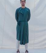Cotton X Linen Kurta In Bottle Green Set