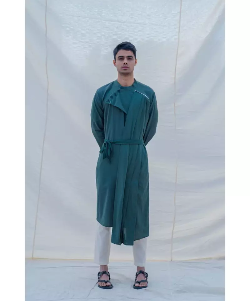 COTTON X LINEN KURTA IN BOTTLE GREEN SET