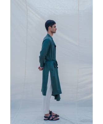Cotton X Linen Kurta In Bottle Green Set 2
