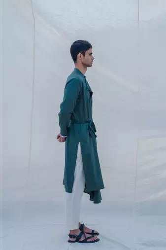 Cotton X Linen Kurta In Bottle Green Set