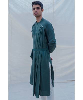 Cotton X Linen Kurta In Bottle Green Set 3