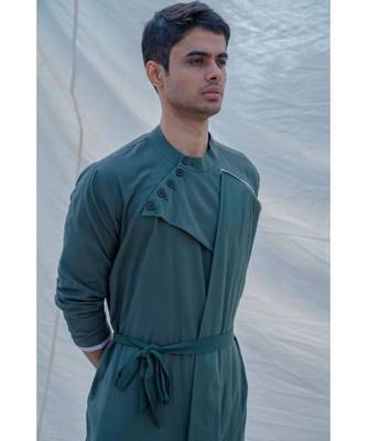 Cotton X Linen Kurta In Bottle Green Set 4