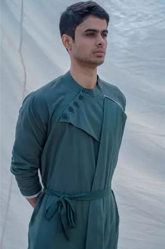 Cotton X Linen Kurta In Bottle Green Set